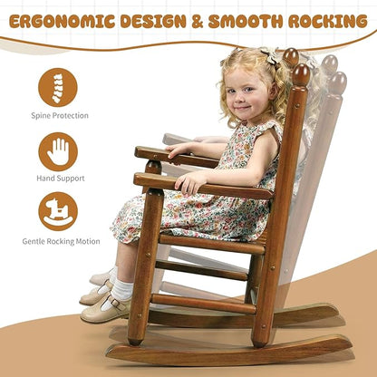 Outvita Kids Rocking Chair, Ergonomic Sturdy Toddler Rocking Chair with High Backrest & Rounded Armrests, Safe Solid Wood Baby Rocker Chair for Age 3-6, Outdoor, Living Room, Reading Room(Brown)
