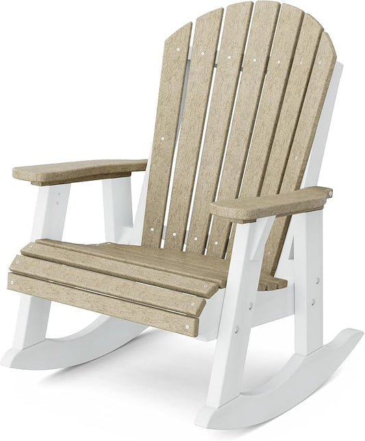 Wildridge Heritage Adirondack Rocking Chair, Weathered Wood and White - Outdoor Weather Resistant HDPE Rocking Chair for Patio, Deck, Fire Pit