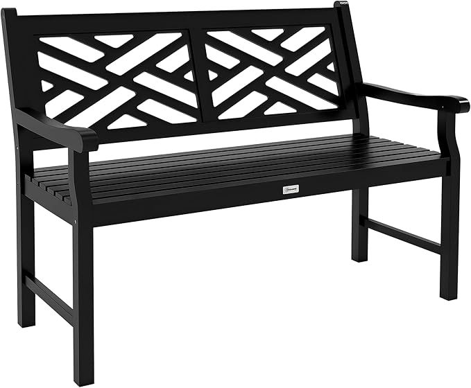 Outsunny Outdoor Garden Bench, Wooden Frame Patio Bench with Geometric Pattern, 43.25 Inch Weatherproof 2-Person Love Seat for Garden, Lawn, Porch, Yard, Work Entryway, Black