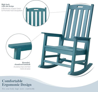 Psilvam Oversized Outdoor Rocking Chair Set of 2, Porch Rocker with 21" Wide Seat and 32" Tall Backrest, Pre-Assembled with Most Components for Effortless Installation (Blue)