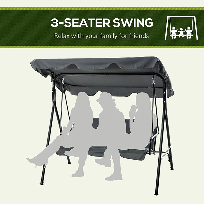 Outsunny 3-Seat Outdoor Patio Swing Chair with Removable Cushion, Steel Frame Stand and Adjustable Tilt Canopy for Patio - Photo 5