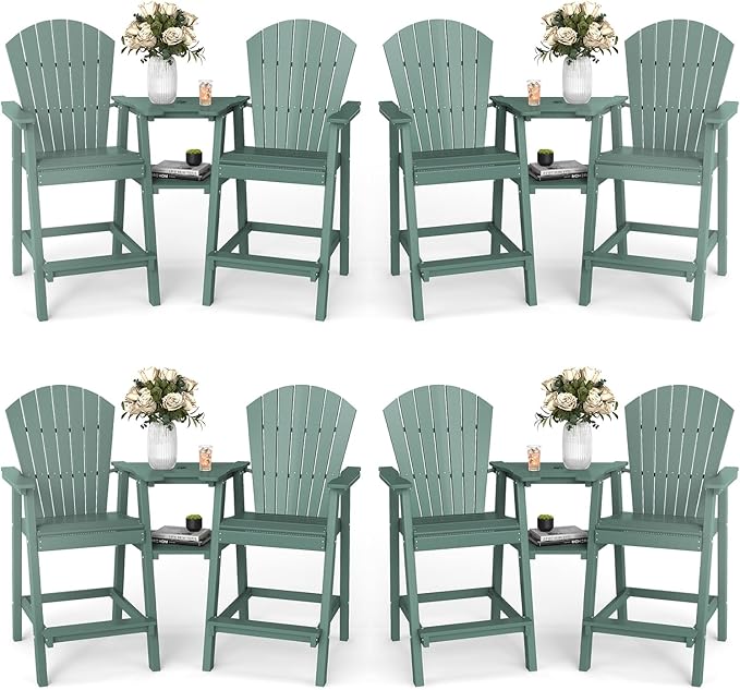 FOOWIN Tall Adirondack Chair Set of 8, All Weather HDPE Bar Height Adirondack Chair with Double Connecting Trays, Adirondack Barstools for Balcony, Deck, Backyard, Patio, Garden Dark Green