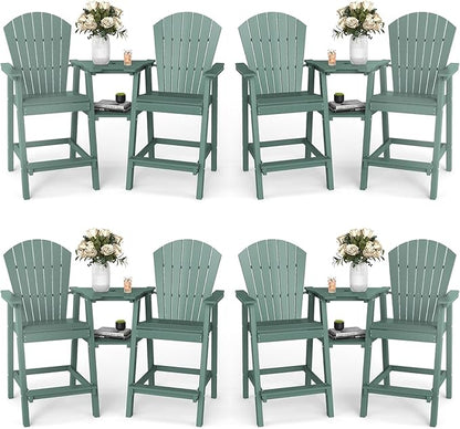FOOWIN Tall Adirondack Chair Set of 8, All Weather HDPE Bar Height Adirondack Chair with Double Connecting Trays, Adirondack Barstools for Balcony, Deck, Backyard, Patio, Garden Dark Green