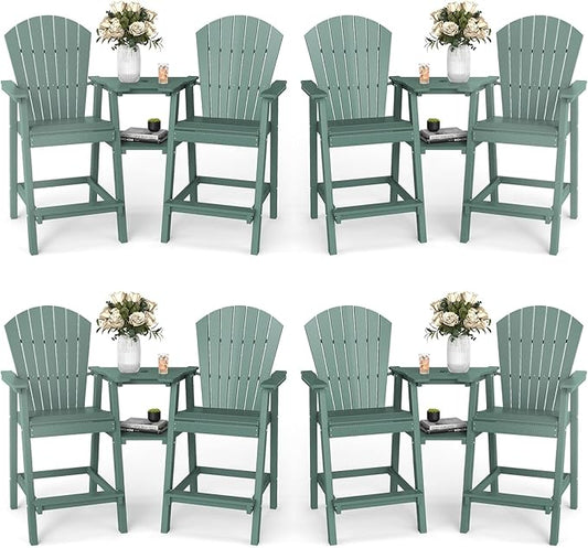 FOOWIN Tall Adirondack Chair Set of 8, All Weather HDPE Bar Height Adirondack Chair with Double Connecting Trays, Adirondack Barstools for Balcony, Deck, Backyard, Patio, Garden Dark Green