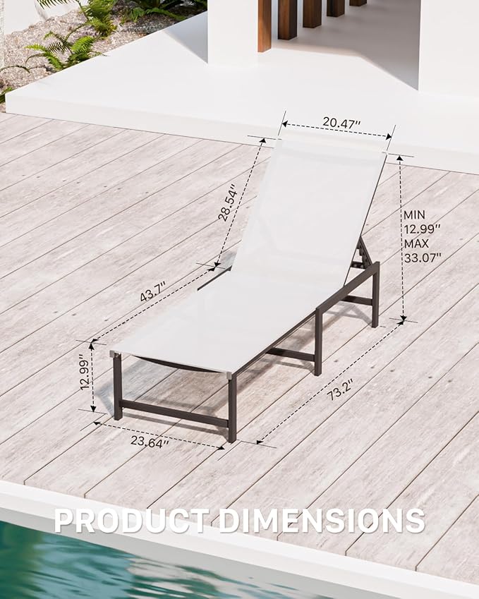 Chaise Lounge Chair Outdoor, Aluminum PatioChairs with 5 Adjustable Backrest and HeadrestPillows for Outside Beach，White - Photo 2