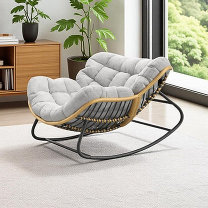 Oversized Rocking Chair,Outdoor/Indoor Patio Papasan Rocker with Thick Cushion, Rattan Wicker Lounge Egg Chair for Bedroom, Living Room, Porch, Garden Backyard-Grey