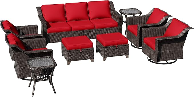 9 Pieces Patio Conversation Furniture Set - 1 Sofa, 2 Ottomans, 4 Swivel Chairs, 2 Side Tables - Photo 8