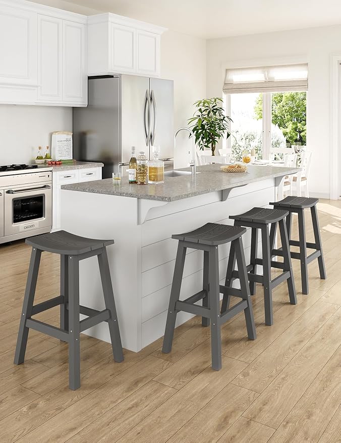 Weatherproof Bar Stools Set of 4, 28" Height Outdoor Bar Stools Holds up to 400 lbs, Saddle Seat, Bar Height Stools for Patio, Garden, and Kitchen Island, Gray