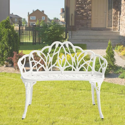 Patio Aluminum Outdoor Bench, Garden Metal Loveseat Furniture, Vintage Tulip Carving Antique White Front Porch Chair Seat
