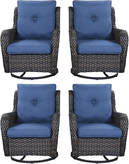 Rilyson Wicker Rocking Chair Swivel Chairs - 4 Piece Rocker Patio Chairs Set Rattan Rocking Chair for Outdoor Porch Deck Garden Backyard(Brown/Blue)