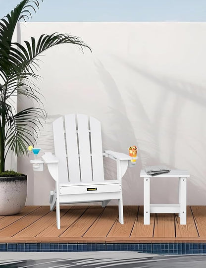 Folding Adirondack Chair, Wooden Textured Plastic Adirondack Chairs with 2 Cup Holder, Weather Resistant HDPE Fire Pit Chair, Outdoor Patio Chairs for Garden, Backyard, Lawn, Deck, 380LBS, White