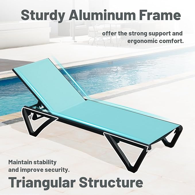 Domi Patio Lounge Chairs Set of 2, Aluminum Pool Chaise Lounge with 5 Position Adjustable Backrest and Wheels, Outdoor Lounge Chairs for Pool, Garden, Beach, Backyard, Turquoise Blue