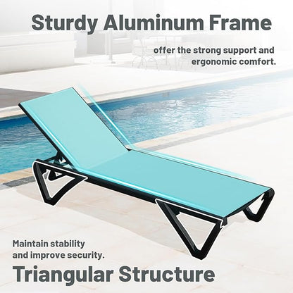 Domi Patio Lounge Chairs Set of 3, Aluminum Pool Chaise Lounge with Side Table,5 Position Adjustable Backrest and Wheels, Lounge Chairs for Pool, Garden, Beach, Backyard, Turquoise Blue
