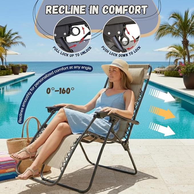 EZONE Zero Gravity Lounge Chairs Outdoor Adjustable Reclining Patio Chair Steel Mesh Folding Recliner for Pool Beach Camping Lounge Chair with Pillows and Cup Tray (2, Beige)