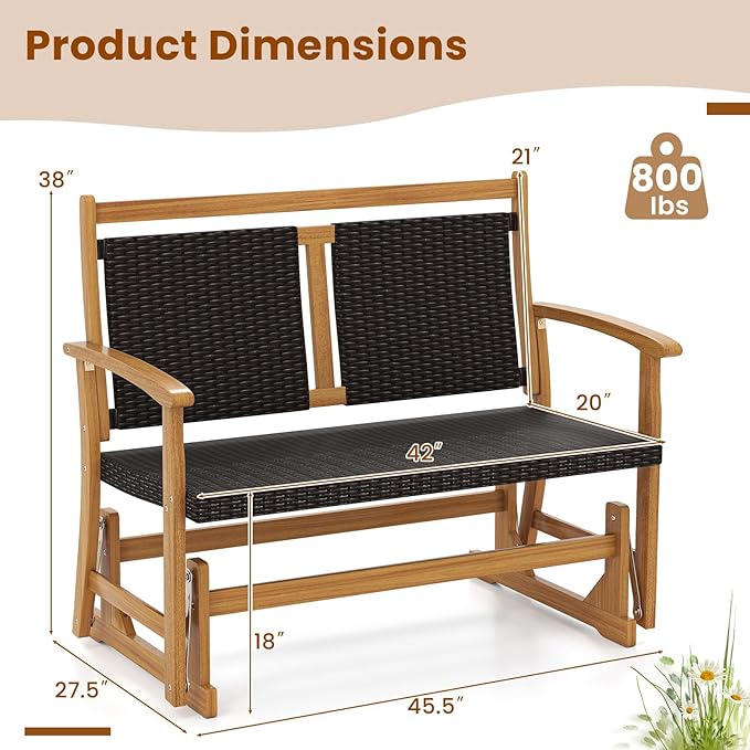 RELAX4LIFE Wooden Outdoor Glider Bench - 2-Person Wicker Rattan Swing Gliding Rocker Chair w/Acacia Wood Armrests, Wicker Back & Seat, Rocking Patio Loveseat for Porch Backyard Pool Garden (45.5'')