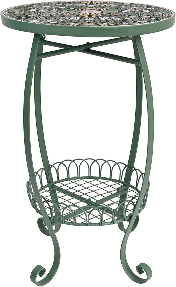 Vintage Floral Ceramic Top Side Table, 14" 2-Tier Green Metal End Table with Storage Basket, Indoor Outdoor Plant Stand for Living Room, Patio, Garden Decor