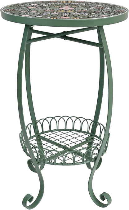 Vintage Floral Ceramic Top Side Table, 14" 2-Tier Green Metal End Table with Storage Basket, Indoor Outdoor Plant Stand for Living Room, Patio, Garden Decor