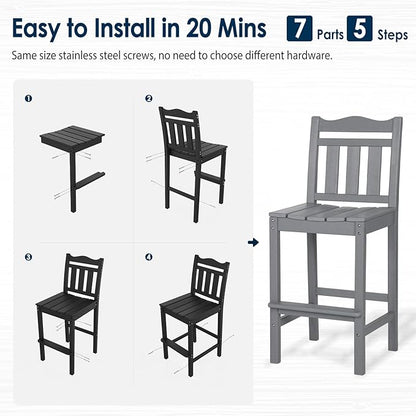 nalone Outdoor Bar Stools Set of 2, HDPE Tall Adirondack Chairs Bar Chairs, Weather Resistance Bar Height Chair for Balcony, Garden, Yard, Backyard (Grey, Bar Chairs Set of 2)