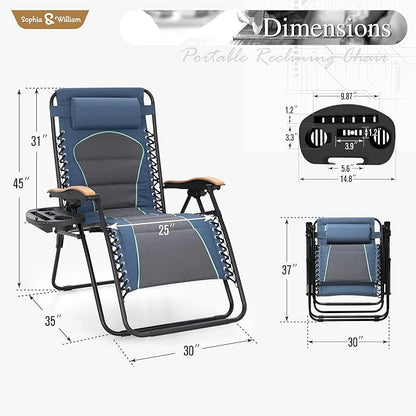 Sophia & William Oversized XXL Zero Gravity Chair Set of 2, Outdoor Recliner Zero Gravity Lounge Chair Outdoor Gravity Chair with Free Cup Holder, Supports 400 LBS (Blue)