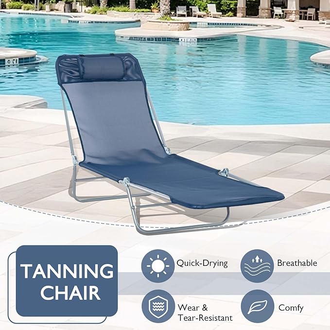 Folding Chaise Lounge Pool Chair, Patio Sun Tanning Chair, Outdoor Lounge Chair with 6-Position Reclining Back, Breathable Mesh Seat, and Headrest for Beach, Yard, Patio(Blue1)