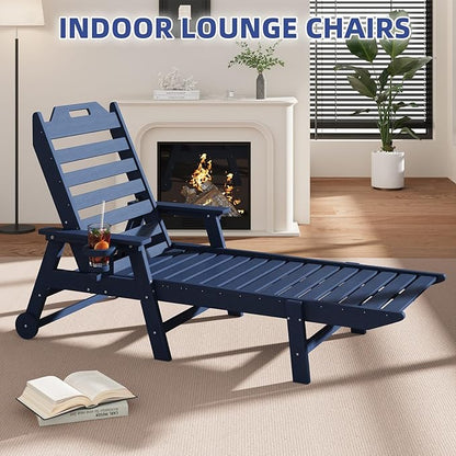 Mdeam 6-Position Lounge Chair Outdoor, 22" W Oversized Sun Tanning Chair, 500LBS Capacity, HDPE All-Weather Patio Lounge Chaise with Wheels Cup Holder for Pool Beach Backyard Lawn Deck, Navy Blue