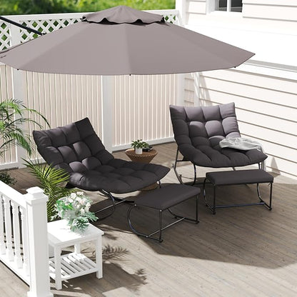 2 Piece Outdoor Rocking Chairs with Ottoman, Patio Oversized Rocking Egg Chair with Cushion, Papasan Chair Set of 2 for Outside, Outdoor Padded Chairs, Grey