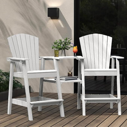 Tall Adirondack Chairs Set of 2 with Removable Tray, HDPE Bar Height Adirondack Bar Stools, High Back Patio Chairs for Balcony, Deck, Lawn, Backyard, All-Weather Outdoor Furniture, White