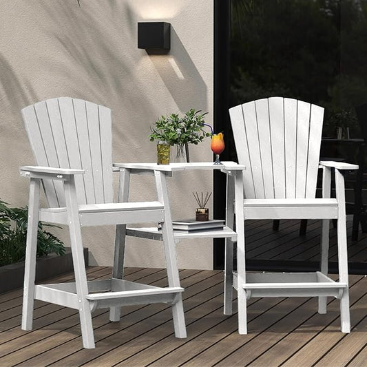 Tall Adirondack Chairs Set of 2 with Removable Tray, HDPE Bar Height Adirondack Bar Stools, High Back Patio Chairs for Balcony, Deck, Lawn, Backyard, All-Weather Outdoor Furniture, White