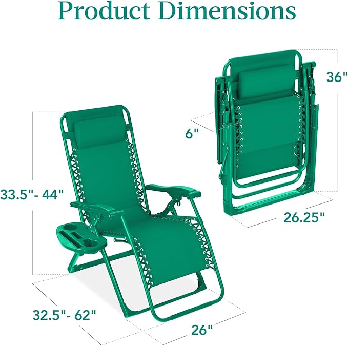Best Choice Products Adjustable Zero Gravity Chair, Monochromatic Color Folding Patio Recliner w/Side Tray, Headrest - Emerald