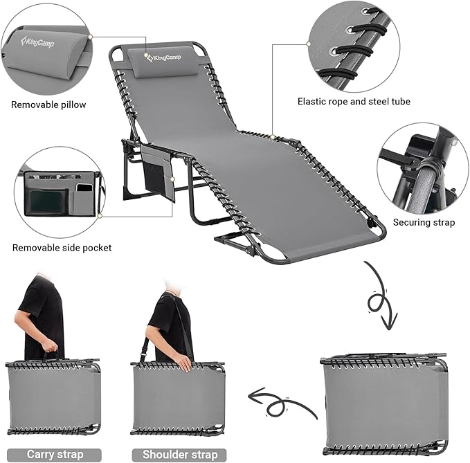KingCamp Folding Outside Patio Lounge Chair Adjustable 5-Position Adults Reclining Folding Chaise with Pillow, for Patio, Pool, Beach, Sunbathing, Deck, Lawn,1 Pack,Grey, 4.8" x 23.2" x 14.5"