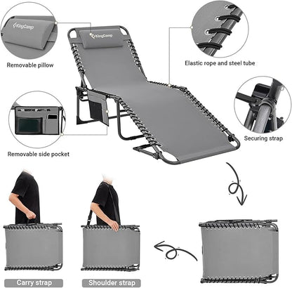 KingCamp Folding Outside Patio Lounge Chair Adjustable 5-Position Adults Reclining Folding Chaise with Pillow, for Patio, Pool, Beach, Sunbathing, Deck, Lawn,1 Pack,Grey, 4.8" x 23.2" x 14.5"