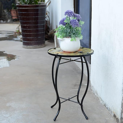 Bee Patio Side Table, Small Patio Outdoor Side Table, Plant Table,Metal Glass End Table for Porch Garden Yard Pool.