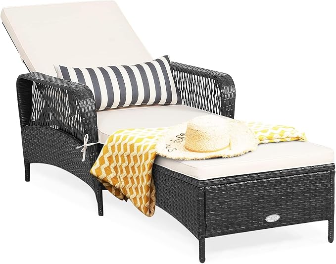 HAPPYGRILL Patio Chaise Lounge Chair Outdoor Rattan Wicker Recliner with Thick Cushion, Lumbar Pillow - Photo 1