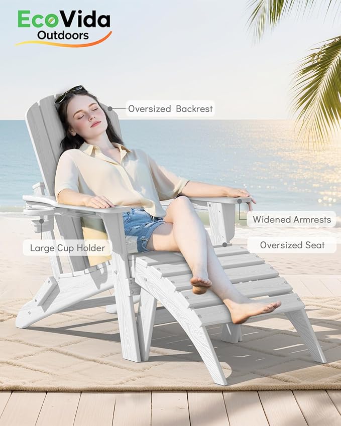 Oversized Folding Adirondack Chair - HDPE All-Weather Outdoor Chair with Cup Holder, 380LB Weight Capacity, UV Protected, White