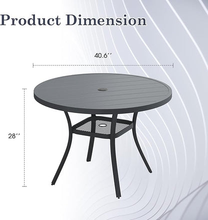 Outdoor Dining Table with Adjustable Umbrella Hole, 40.6" All-Weather Round Patio Dining Table for 4, Metal Patio Table with Storage Shelf for Garden Lawn Porch Deck Yard, Dark Grey