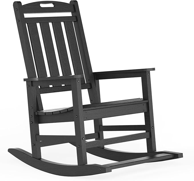 LOUNZY Outdoor Rocking Chair, HDPE Patio Rocking Chair with Footboard for Adults, All Weather Heavy Duty Front Porch Rocker, Grey