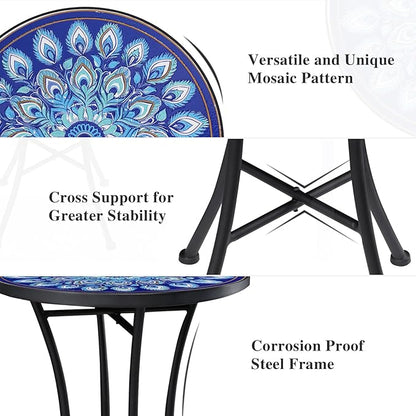 Vipush Mosaic Outdoor Side Table, 14" Round Folding Plant Stand for Patio Garden Backyard Balcony Porch Indoor Accent End Table for Living Room, Ceramic Tabletop with Black Iron, Blue Feather