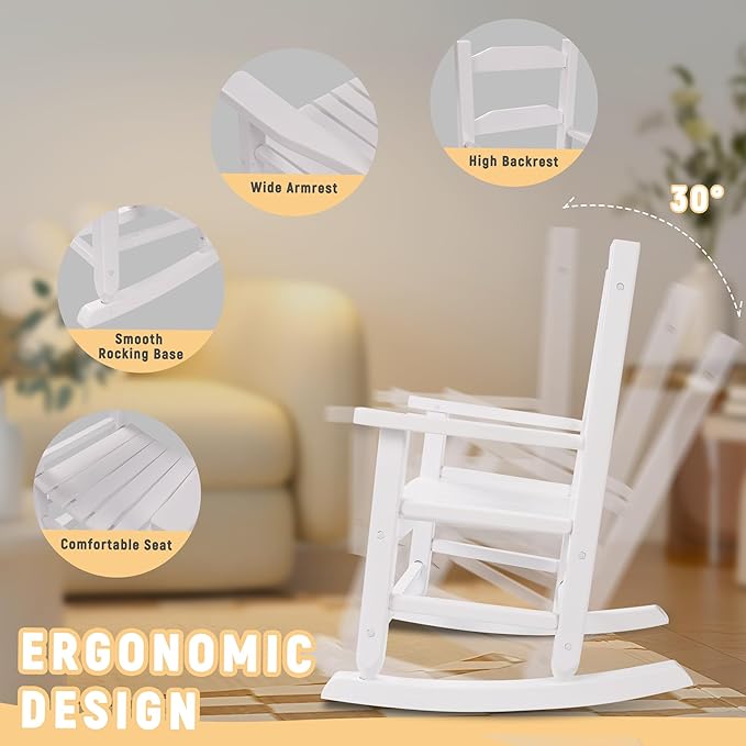 Toddler Rocking Chair Kids Wooden Indoor for Comfy Recliner Rocker for Baby Ages 3-6 Outdoor Lounge Children Playroom Anti-Tip Design Safe & Sturdy White