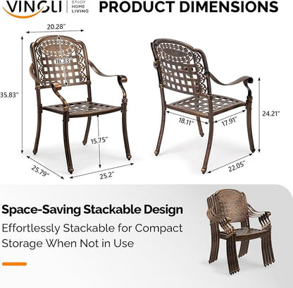 VINGLI Patio Chairs Set of 4 - Stackable Outdoor Cast Aluminum Dining Chairs with Vintage Bronze Finish and Plaid Pattern, Metal Armchairs for Poolside, Backyard, Balcony (No Cushion)