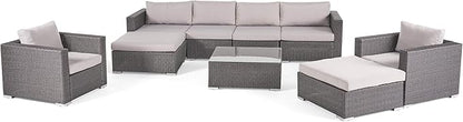 Christopher Knight Home Santa Rosa Outdoor 6-Seater Wicker Sectional with Aluminum Frame and Water Resistant Cushions, 9-Pcs Set, Grey / Silver