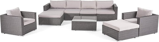 Christopher Knight Home Santa Rosa Outdoor 6-Seater Wicker Sectional with Aluminum Frame and Water Resistant Cushions, 9-Pcs Set, Grey / Silver