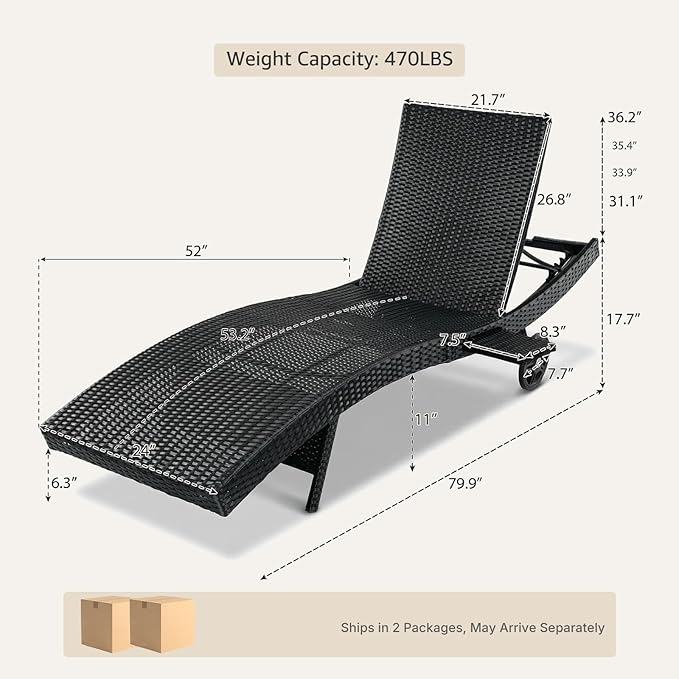 Set of 4 Black Outdoor Chaise Lounge Chairs, Wicker Patio Lounge Chairs with Adjustable Backrest and Wheels, Durable PE Rattan Pool Chair for Patio, Poolside and Garden