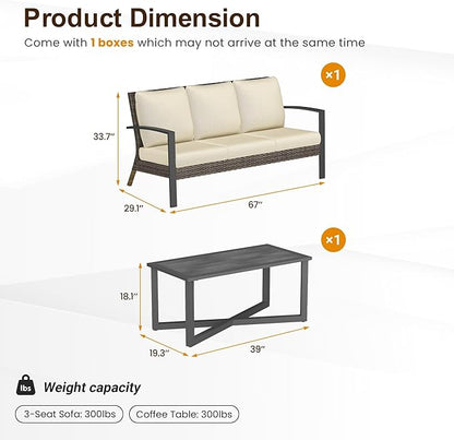 Green4ever Outdoor Furniture, 2 Pieces Patio Furniture Set with Coffee Table, Wicker Outdoor Couch with Cushions, Patio Sofa for Porch, Backyard, Pool, Deck, Garden, Beige