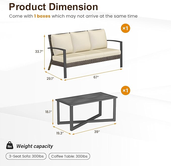SUNVIVI OUTDOOR Patio Sofa with Coffee Table, All Weather Rattan Outdoor Patio Couch with Removable Cushions, Metal Outdoor Sofa Set for Garden Porch Balcony Backyard, Beige
