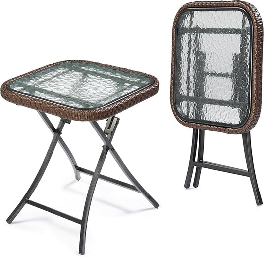 VINGLI 18in Modern Brown Rattan Folding Glass Outdoor Side Table, Small Patio Table with Tempered Glass Top,Rectangular,1 Pack