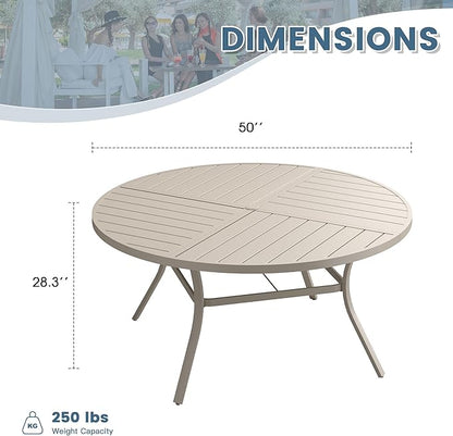 DIFY 50" Round Outdoor Patio Dining Table for 6, All-Weather Metal Steel Slatted Patio Table with 1.57" Adjustable Umbrella Hole, for Lawn Garden Porch Backyard, Sandshell