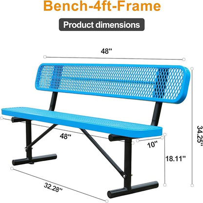 4 ft Outdoor Park Bench – Heavy-Duty Steel Frame & Rust-Resistant Thermoplastic Coating, Suitable for Gardens, Courtyards, Campuses, Commercial Spaces (Blue, 4ft)
