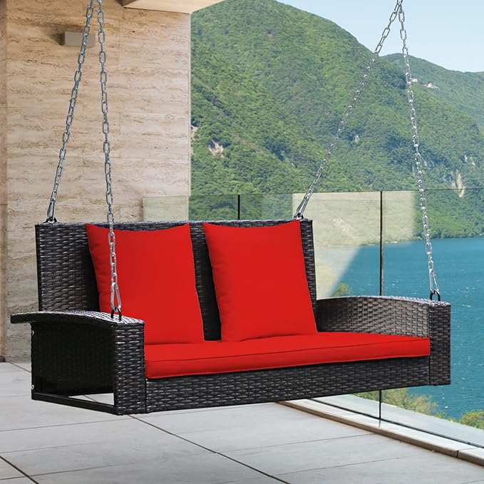 RELAX4LIFE Porch Swing 2-Seat Patio Rattan, Wicker Porch Swings Outdoor W/Two 7.9 Ft Solid Steel Chain - Photo 2