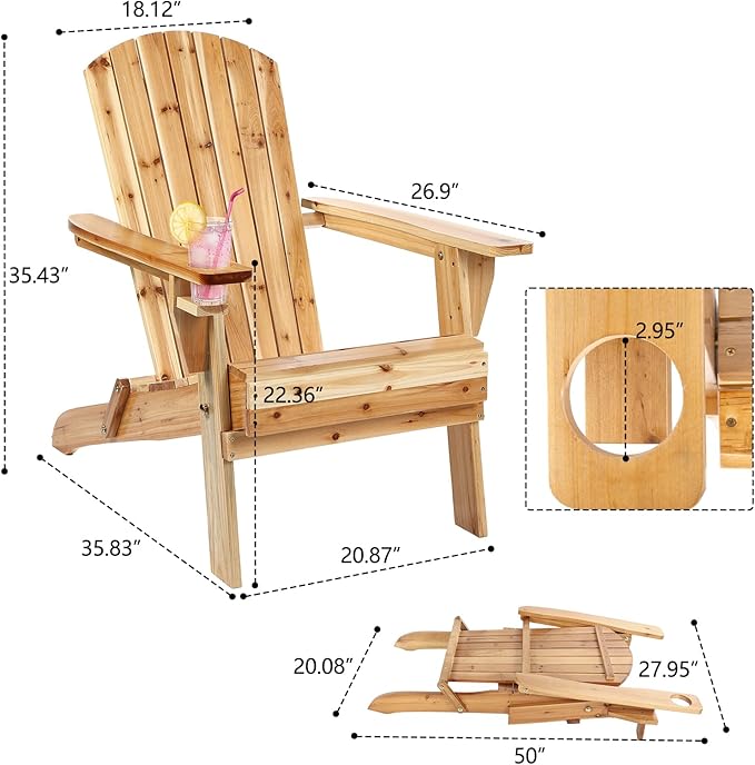 Folding Adirondack Chairs, Outdoor Wooden Lawn Chairs with Cup Holder, Patio Chair for Garden,Yard,Poolside,Backyard, 350lb Weight Capacity(Natural)