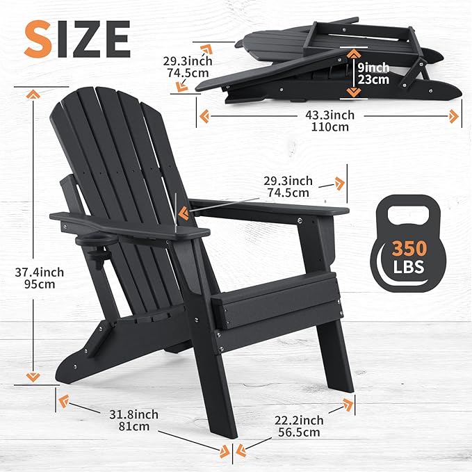 FUNBERRY Folding Adirondack Chair Set of 4, All Weather HDPE Fire Pit Chairs with Cup Holder for Outdoor - Photo 3